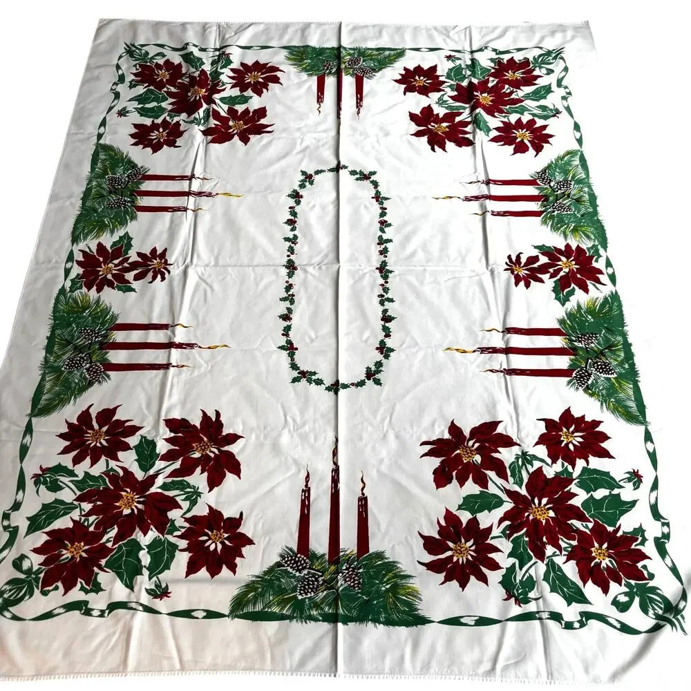 Vintage Christmas tablecloth printed cotton rectangle festive 1960's holiday